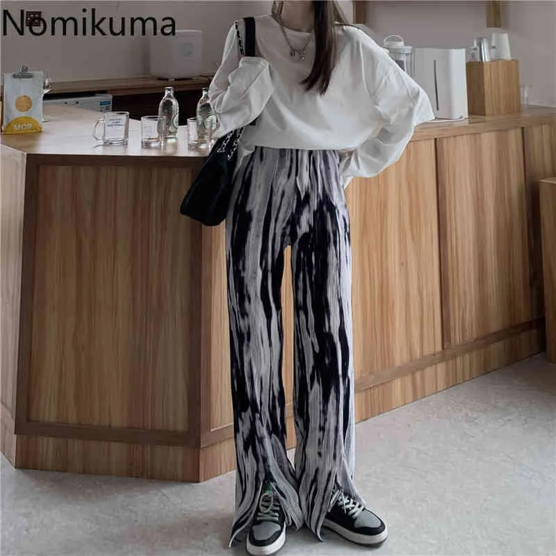 Nomikuma Tie Dye Stampato Pantaloni a Gamba Larga Donna Casual Allentato Pantaloni a Vita Alta Estate Split Design Dritto Pantalones Femme 210514