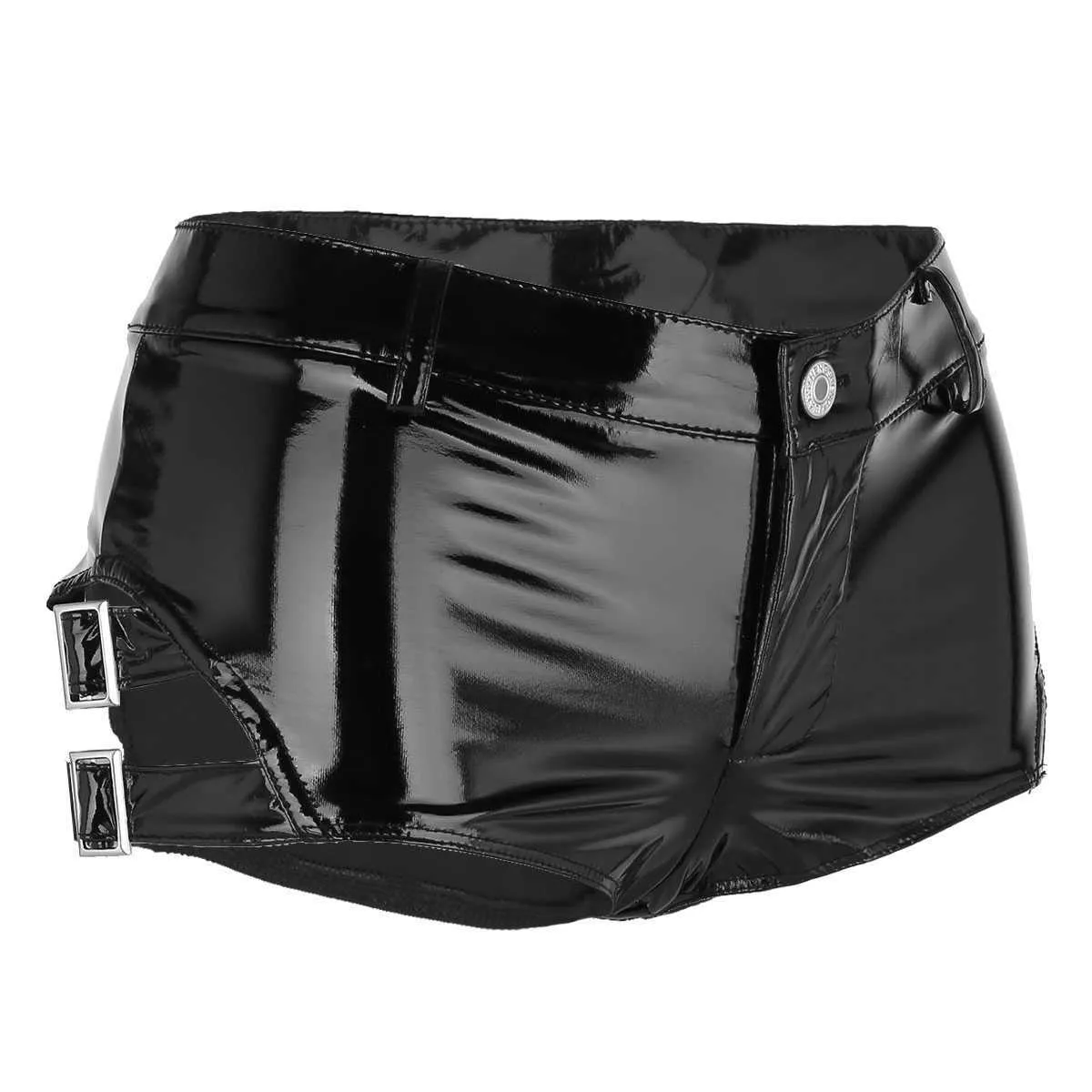 Black Womens Shiny Leather Short Pants Low Rise Pole Dance Latex Shorts Clubwear Rave Sexy Panties Zipper Mini Booty 210719
