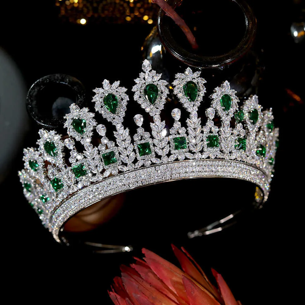 Klasyczna ślubna korona ślubna opaska złota i zielona królowa tiara Crystal party akcesoria do włosów 210707