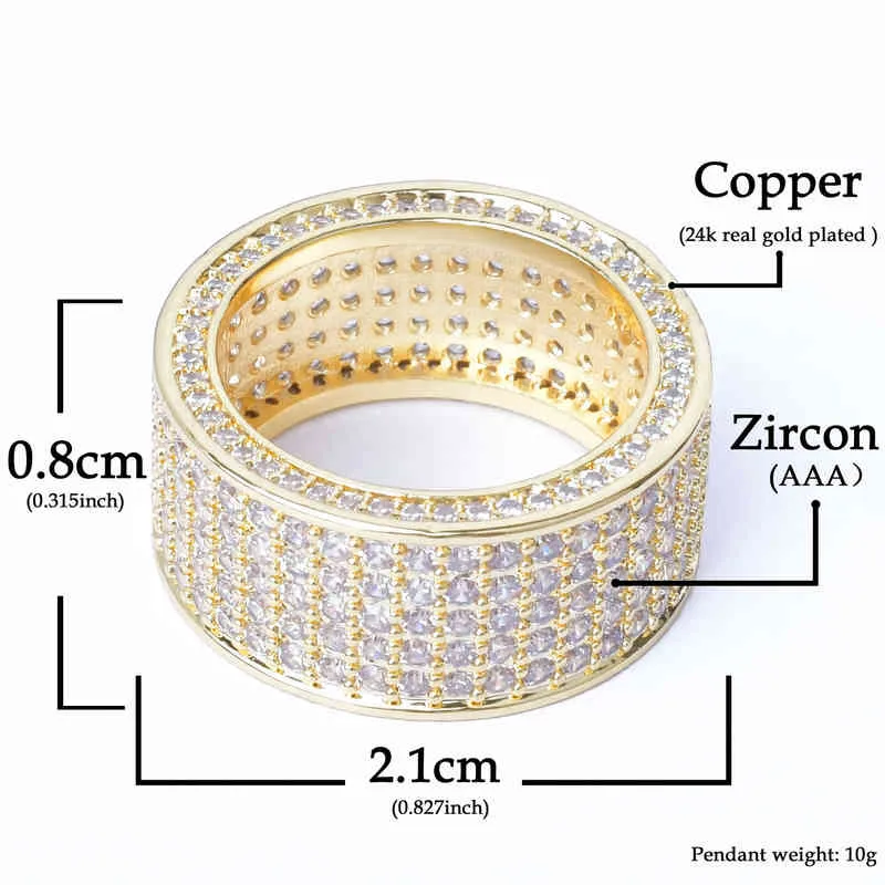 5 Row CZ Men's Ring 18 K Koppar Charm Guldfärg Cubic Zircon Iced Ring Fashion Hip Hop Smycken 211217