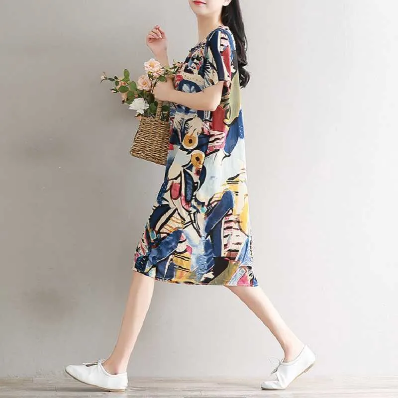 Manches courtes Plus Taille Coton Vintage Floral Femmes Casual Lâche Midi Robe d'été Vêtements élégants Dames Robes Robe d'été 210623