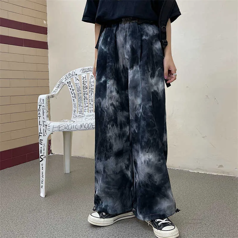 Pantalon de sport pour femmes 2021 Été Y2K Nouveau Tie Dye Harajuku Vintage Corduroy Taille élastique Pantalon droit Baggy Pantalon large Q0801