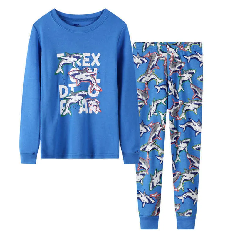 Miernik skoków Chłopcy Dziewczyny Ubrania Dla Zwierząt Drukuj Moda Dzieci Piżamy Bawełniane Rekiny Kid Jesień Zima Nosić 210529