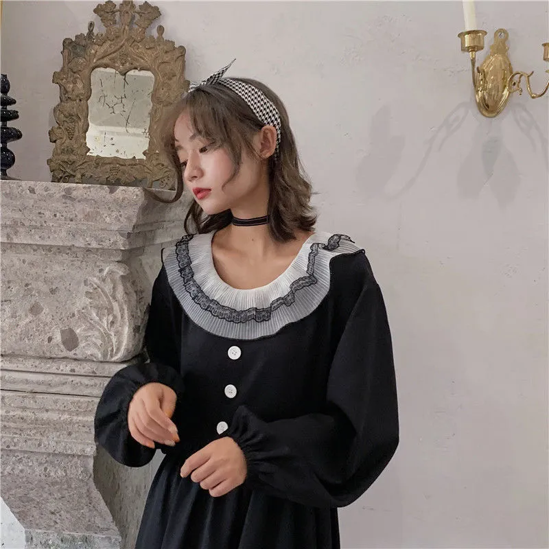 Söt lolita klänning kvinnor vintage spets bowknot höga midja klänningar kawaii japanska tjejer gotiska cosplay loli 25928 210519