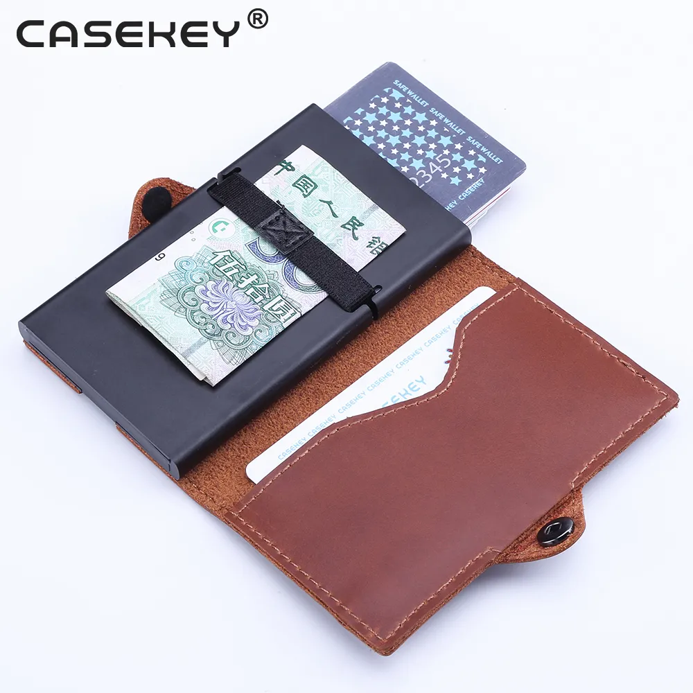 Porte-cartes coulissant en cuir véritable pour hommes porte-monnaie porte-monnaie en Fiber de carbone portefeuilles