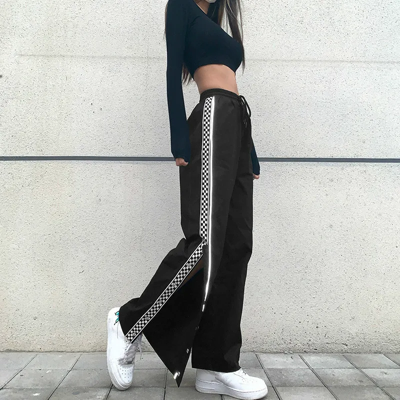 Ezgaga Kadın Pantolon Sonbahar Yeni Rahat Checkerboard Glow Bölünmüş Düğme İpli Yüksek Bel Uzun Pantolon Elastik Joggers Sweatpant 210430
