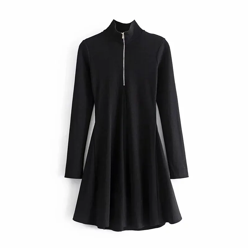 Bahar Elbise Siyah Nervürlü Zip Kısa ES Kadınlar Rahat Yüksek Boyun Uzun Kollu Kadın Moda Streetwear 210519