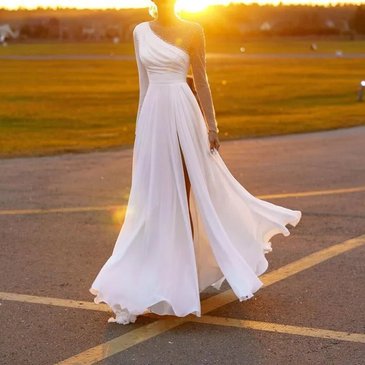 Kadınlar Ünlü Moda Tüm Beyaz Tek Omuz Uzun Kollu Zarif Midi Elbiseler Ücretsiz Bayanlar Elbise Abiye 210525