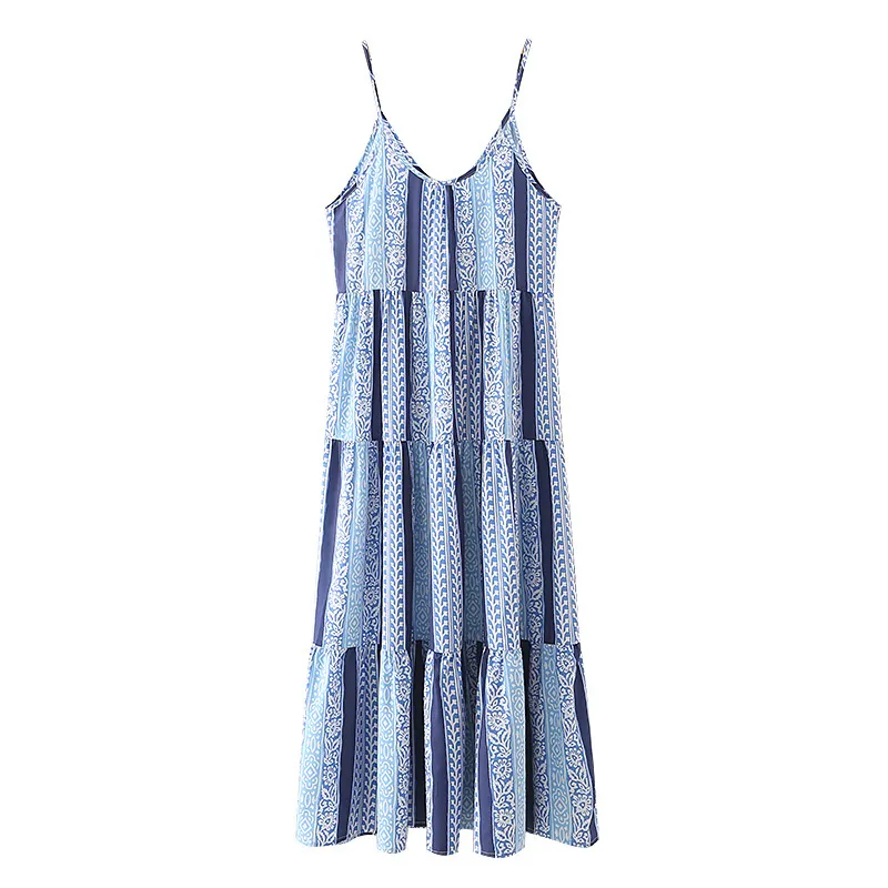 Vuwwyv Blue Print Ruched Slip Long Long Ring Long Resdesのためのロングドレスは背中のないイブニングパーティードレス女性ノースリーブの薄いストラップVestidos 210430