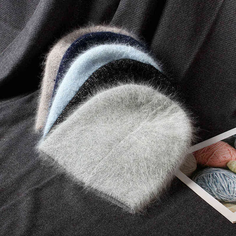 Visrover 10 Färgvägar Kanin Fur Lurex Kvinna Vinter Hat Solid Färg Höstmänniska Matchade Varm Mjuka Bonnet Skullies Gift 211229