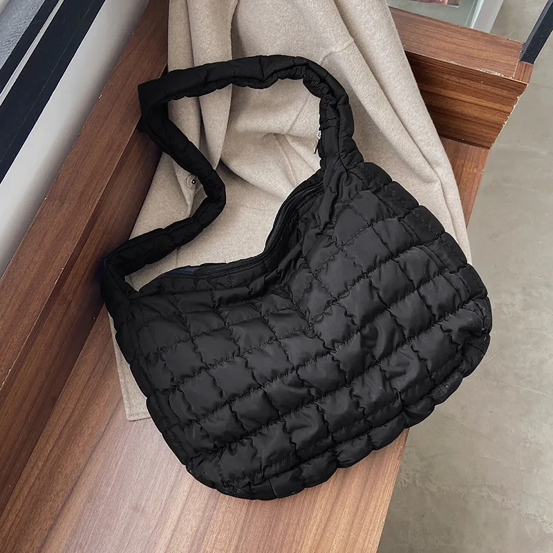 Big Down Stof Schoudertassen Voor Dames Casual Rits Grote Capaciteit Winter Crossbody Bag Branded Designer Plaid Handtassen