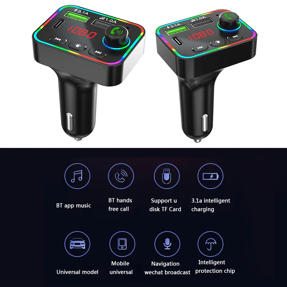 F4 Trasmettitore FM Bluetooth auto Lettore MP3 Caricatore USB Retroilluminazione colorata Adattatore radio FM wireless Vivavoce scheda TF del telefono