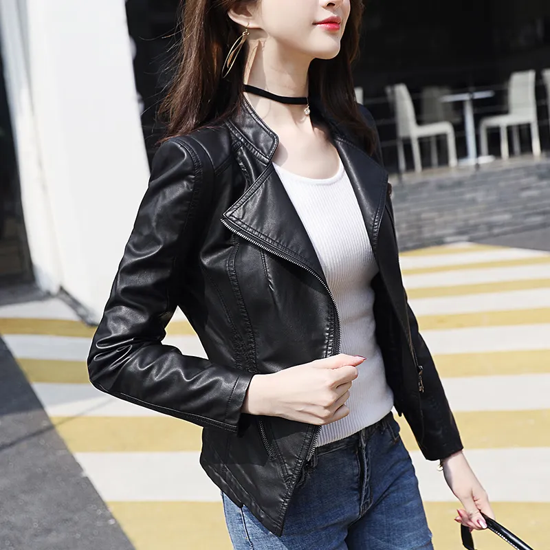 여성 재킷 패션 블랙 오토바이 가죽 자켓 여성 지퍼 기본 코트 바이커 코트 플러스 크기 4xl 5xl