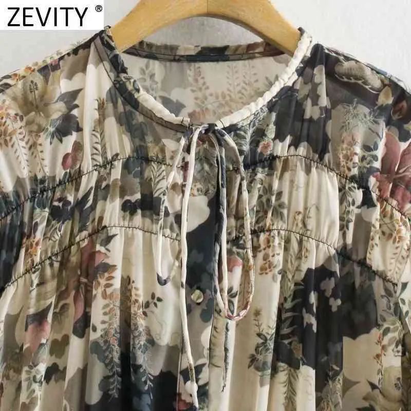 Kobiety Vintage Atrament Malarstwo Kwiat Druku Smock Bluzka Office Lady Retro Plees Elastyczne Szczupłe Koszule Chic Blusas Topy LS7528 210420