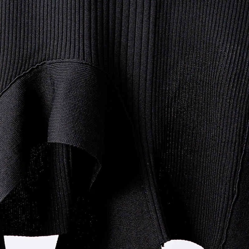 [EAM] taille haute élastique noir tricot asymétrique demi-corps jupe longue femmes mode printemps automne 1DD6364 21512
