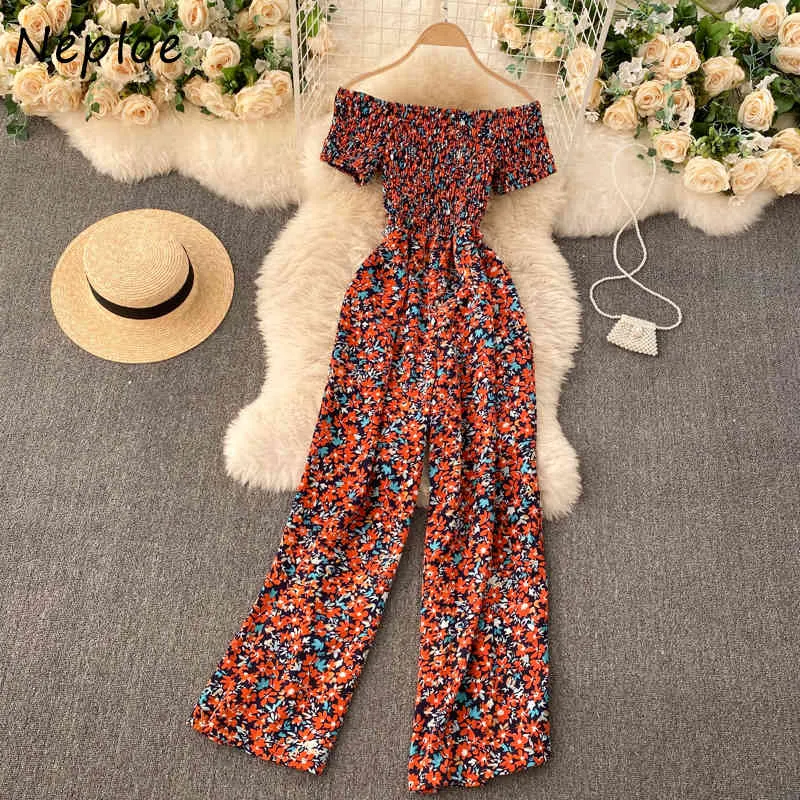 NEPLOE SEXY SLASH Hals Schouder Strapless Print Jumpsuits Dames Hoge Taille Heup Wide Leg Bodysuits Holiday Losse Speelsuitjes Wild 210423