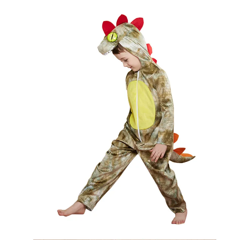 Costume de poupée de mascotte Brown Kids Dinosaur Costumes Halloween Costume de Noël Stegosaurus Jumpsuit Hooded Carnival Party Performannce Disfra