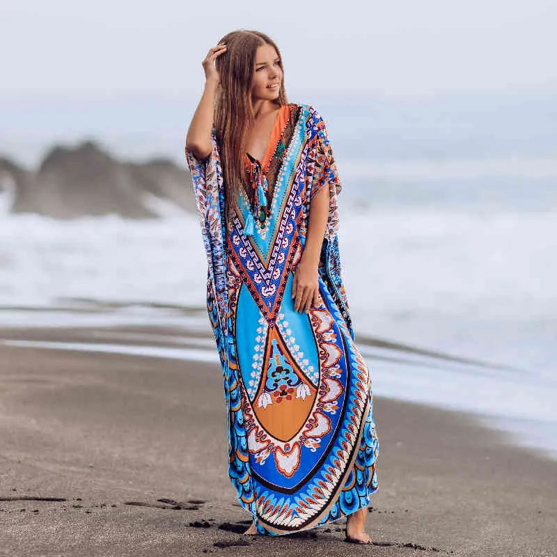 Bohemian gedruckter Kaftan Cotton Tunic Beach Cover-Up Saida de Praia Women Beachwear Bikini Cover-Ups Robe Plage Sarong #Q956 210420