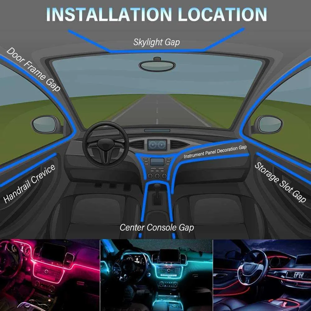 6 em 1 6M RGB LED Interior do carro Luz ambiente Fibra ótica Luz com controle de aplicativo Lâmpada decorativa de atmosfera automática