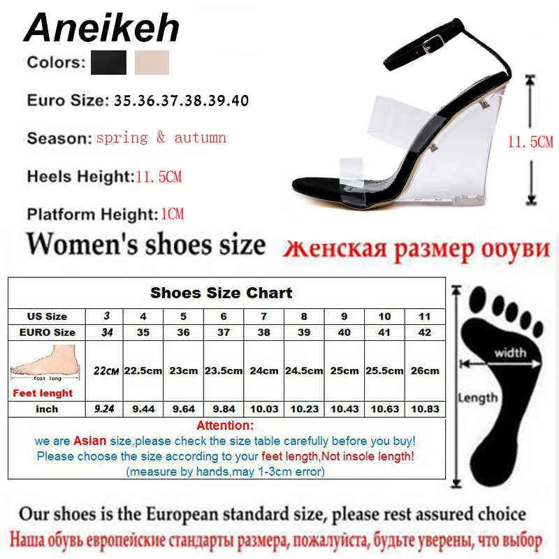 Aneikeh 2022 Classic PVC Sandals Women Transparent Heel Wedges High Heels Shoes Round Toe Summer Buckle Strap Black Champagne 40 Y220209