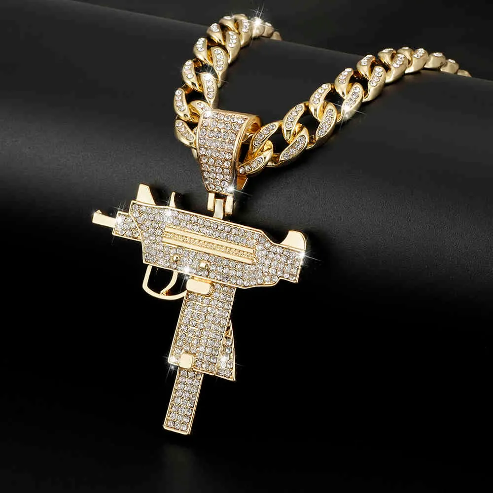 Submachine Gun Fashion Cuba chain Pendant Men Iced Out Crystal GoldSilver Colour Charm Hip Hop Jewelry Cuban Necklace3035059