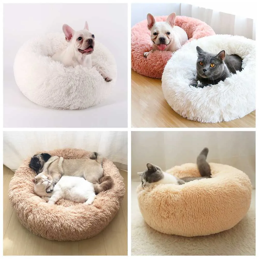 Lits pour chat rond confortable lit pour chien apaisant pour chats lit apaisant chien anti anxiété maison pour chat polaire guimauve chat coussin de lit 210722