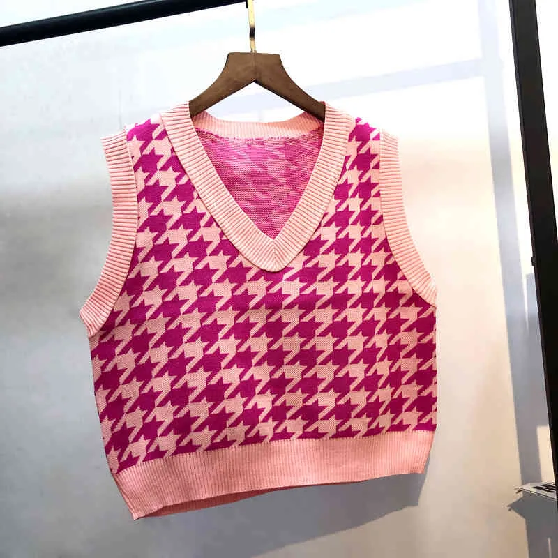 Vintage Plaid Gebreide Trui Vest Dames Harajuku Losse V-hals Pullover Gilet Suwer Mujer Casual Gilet 210519