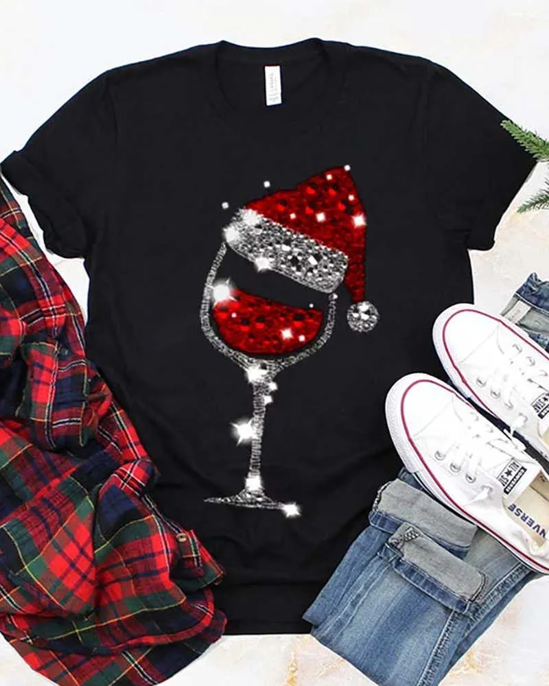 Magliette casual Tee Top T-shirt a maniche corte Cappello natalizioStampa Bicchiere da vino Stampa Taglie forti 3XL 2XLT-shirt casual 210716