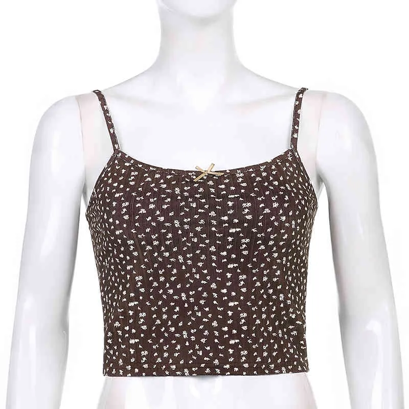 Top con stampa floreale marrone dolce Y2K con fiocco estivo da donna con cinturino sottile senza schienale nuova tendenza carino senza maniche crop Cami Outfits 210415