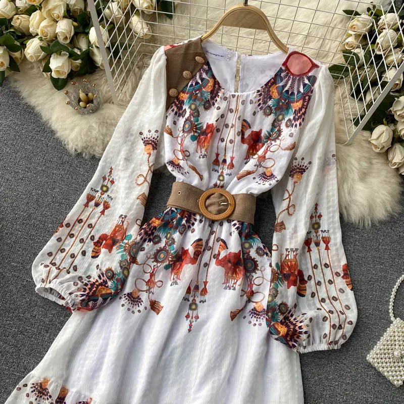 Singreiny Kobiety Czeski Drukuj Sukienka Koreański Retro Rękaw Puff O Neck Sastes Suknie Linii Wiosna Moda Streetwear Midi Dress 210419