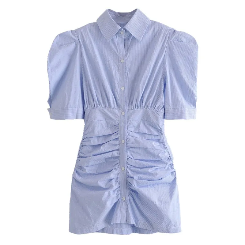 الرجعية الأزرق الأبيض مخطط مطوي ruched البسيطة اللباس امرأة خمر أزرار قصيرة الأكمام نفخة صفعة قميص فساتين عطلة 210429