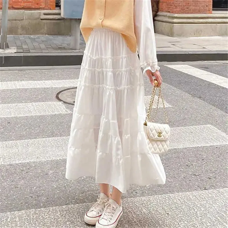 Witte hoge taille geplooide rok vrouwen zomer Harajuku lange ruche rok Koreaanse mode zwarte maxi rok vintage meisje student 210619