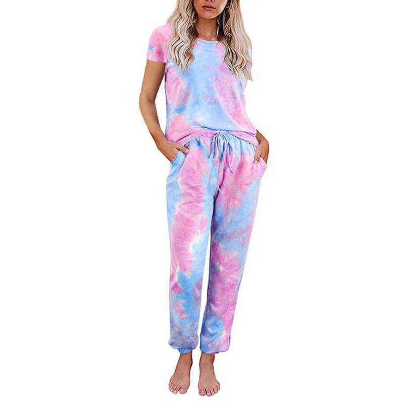 Outono tintura tintura pijama set mulheres sleepwear leopardo pijama lounge desgaste feminino de manga curta nightwear home ternos 211112