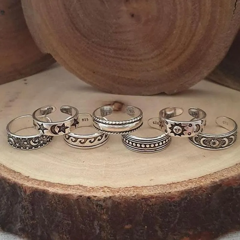 set Vintage Adjustable Opening Finger Ring Retro Hollow Carved Star Moon Toe Rings Kits Bohemian Beach Foot Rings Jewelry9549515