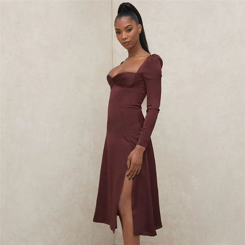 Vinho Casual Vinho Vermelho Vestido Red Low-Cut Manga Longa Primavera Autumn Silk Silk A-Line Vestido de Colares Quadrados Vestido High Slit Sexy Streetwear 210422