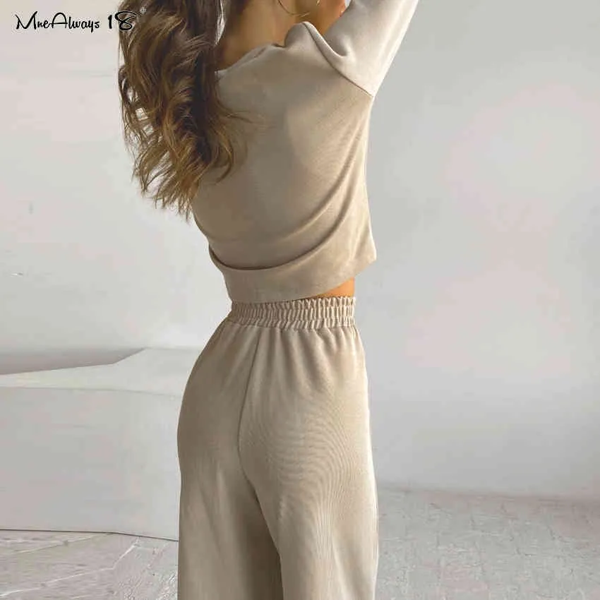 Mnealways18 Khaki Casual Set Knitted Women Tracksuit O-Neck T-Shirt And Wide Leg Pants Suits Female Autumn Outfits 210331