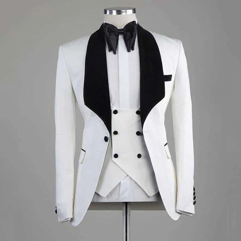 White Groom Tuxedo for Wedding Men Suits Jacket Waistcoat with Pants Male Fashion Costume Formal Design 2021 X0909