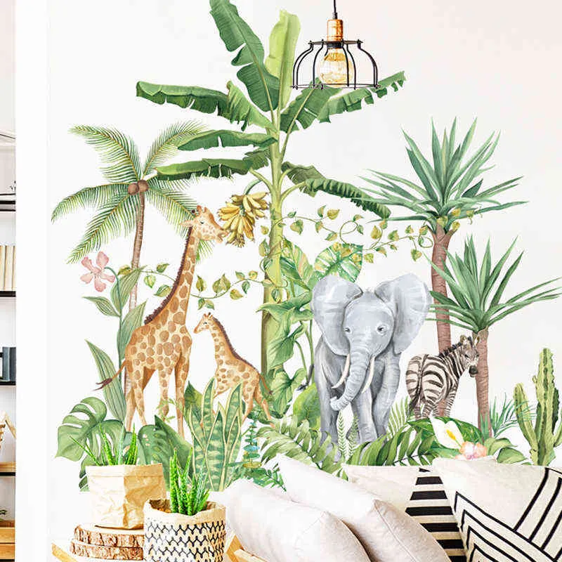 3D jungle animal vert feuille stickers muraux décor à la maison amovible dessin animé éléphant girafe stickers muraux pour chambre d'enfants 211112