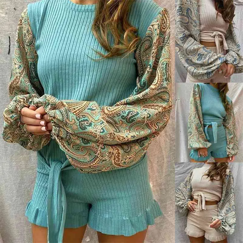 Women Autumn Ribbed Outfits Paisley Print Lantern Long Sleeve Tie Front Pullover Crop Top Ruffles Shorts Pajamas Lounge X0428