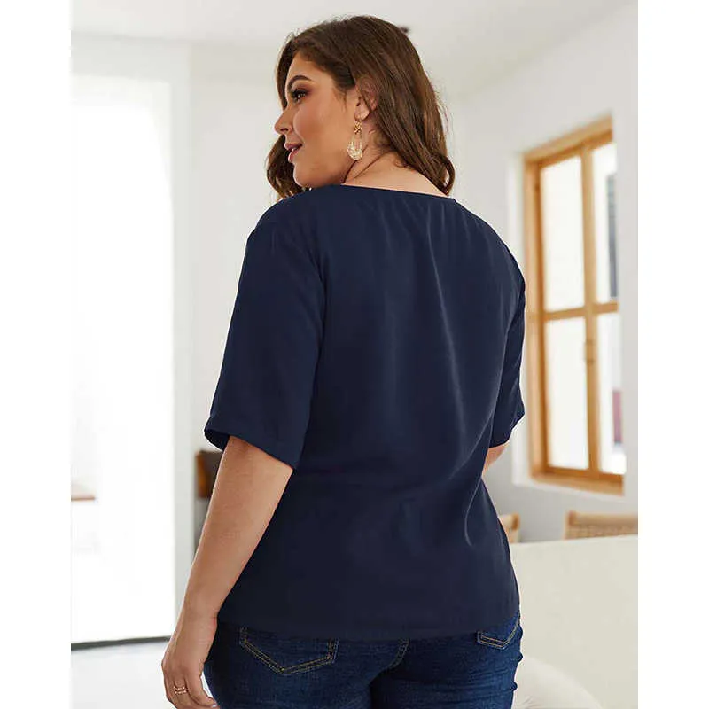 XL-4XL Rahat Gevşek Yaz Kadın T-shirt Katı Seksi V Yaka Fermuar Egzersiz Lady Kadın Tee Tops Artı Boyutu W508 210526