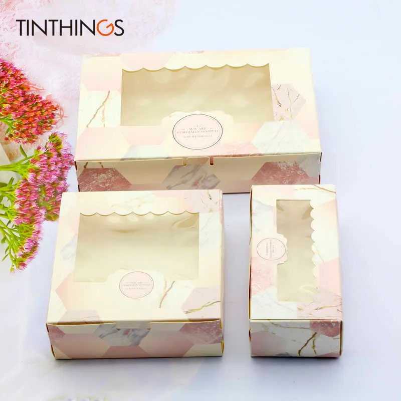 boîte-cadeau en papier avec fenêtre rose marbre fête de mariage emballage alimentaire bonbons mariage carton boîtes à gâteaux Saint Valentin 210724