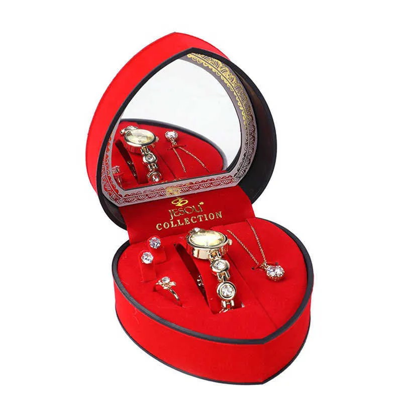 Женский комплект часов-браслета, золотые кристаллы, дизайнерское ожерелье, серьги, кольцо, женский комплект ювелирных изделий, кварцевые часы для женской жены, мамы, подарок 279h