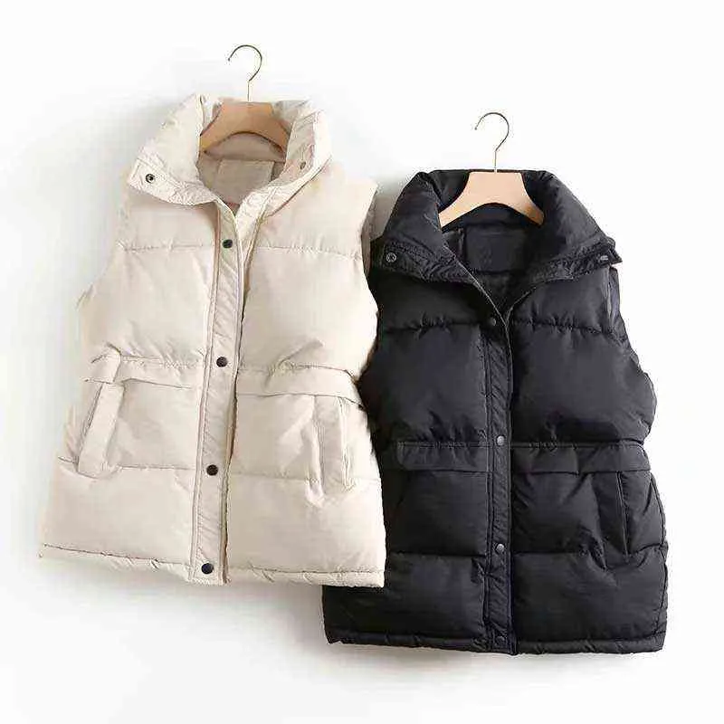 Autumn Winter Women Down Jacket Solid Loose Stand Collar Vest Windproof Warm Waistcoat Parka Ladies Button Chic Coat 211108