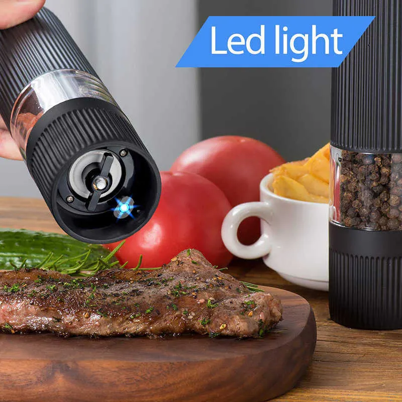 Tuz ve karabiber değirmenleri, elektrikli mutfak baharat değirmenleri parlak ışık, ayarlanabilir powered shakers, otomatik bir el değirmenleri ile ayarla 210611