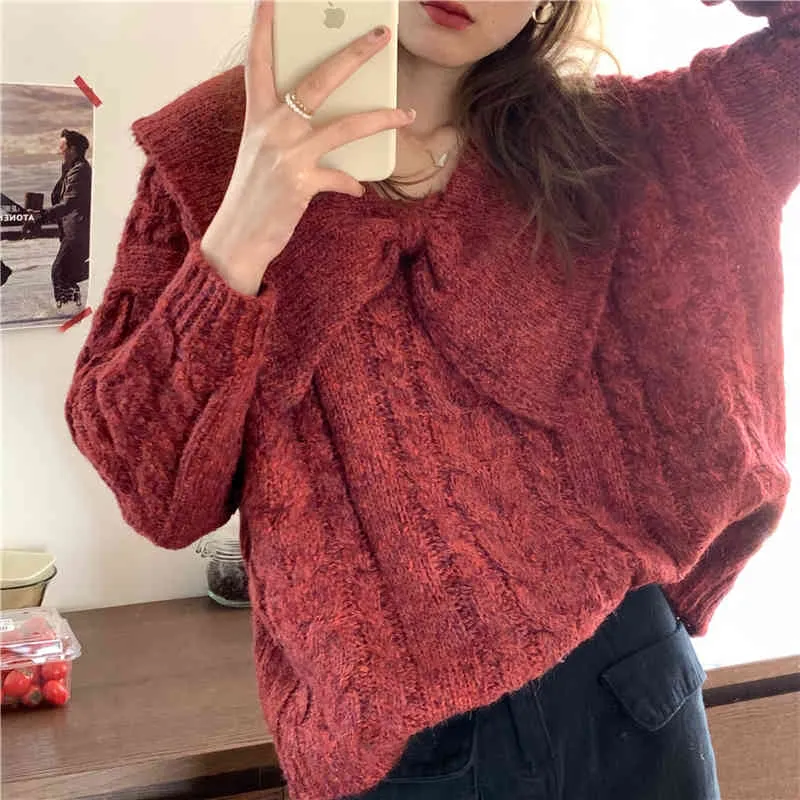 Korean Bow Vintage Lady High Street All Match Lazy Style Chic Casual Solid Sweet Soft Loose Sweaters 210525