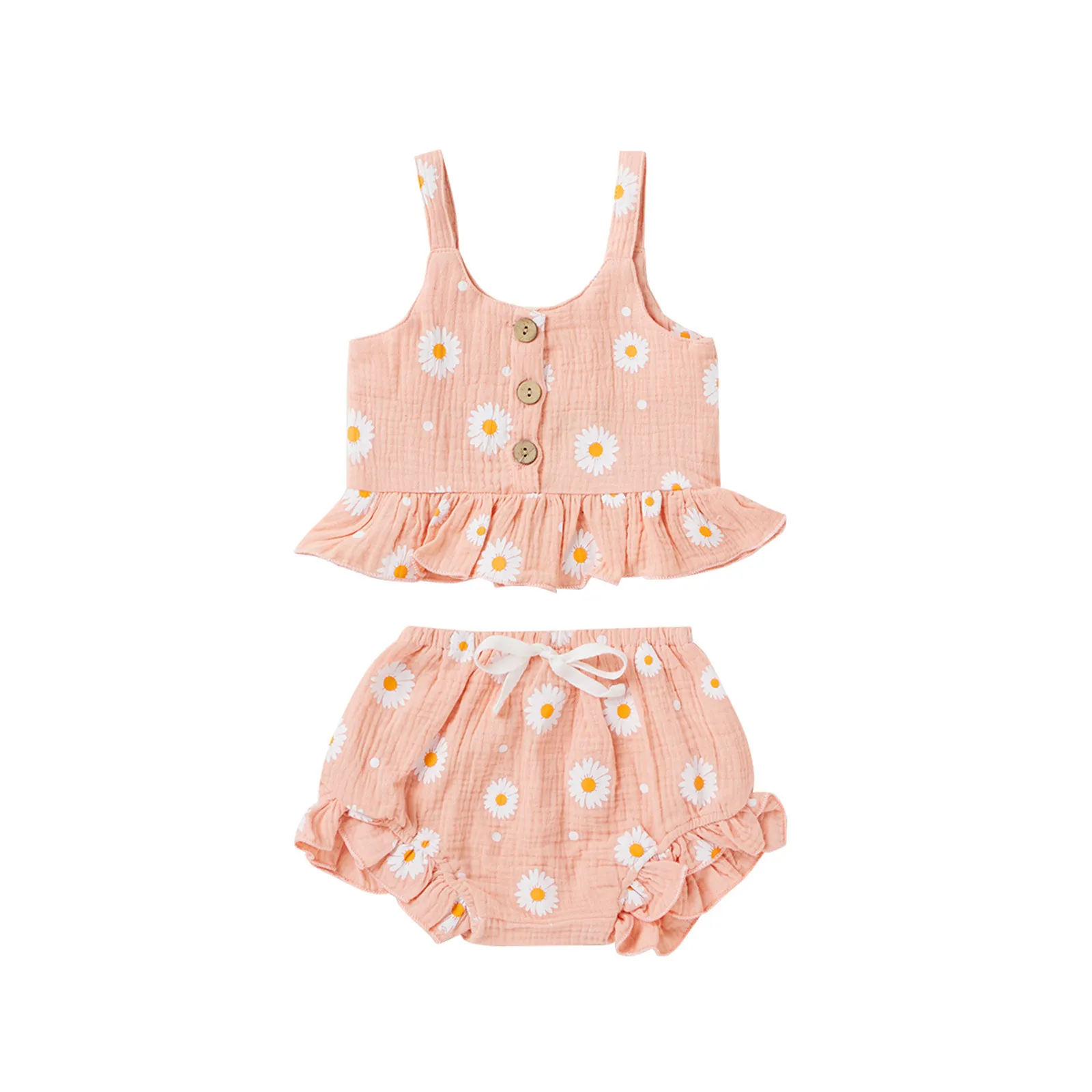 6M-5Y Summer Flower Toddler Baby Kid Girl Clothes Set Buttons Vest Top Ruffles Bow Shorts Bloomers Abiti morbidi 210515
