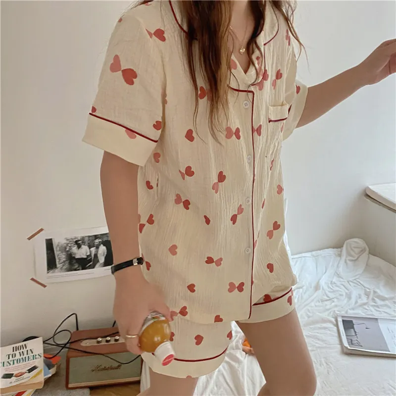 Summer Women Short Pajamas Sweet Nightwear Homewear Love Printing Cotton Loose Two Piece Suit Sets 210525