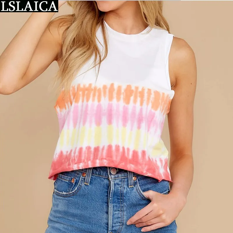 Toppar Kvinnor Ärmlös Rund Neck Tie-Dye Slim Elegant Kontor Tank Tank Streetwear Top Casual Ladies Ropa de Mujer 210520