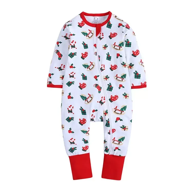 Herbst Winter Weihnachten Baby Strampler Niedliche Neugeborene Kinder Mädchen Casual Langarm Weihnachtsmann Bäume Schneemann bedruckter Reißverschluss Overalls Kleinkindkleidung