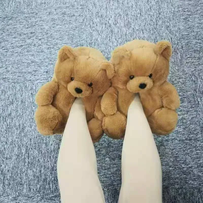 Winter Warm House kawaii Shoes Women Teddy Bear Slippers Anti-slip Soft Home Indoor Fur Slipper Ladies Cute Cartoon Funny Shoes Y0406